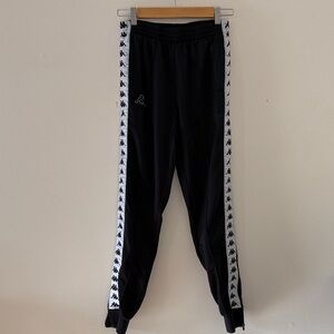 2000s Kappa Black Track Pants Y2K Logo Stripe Zip Ankle Drawstring Waist Small